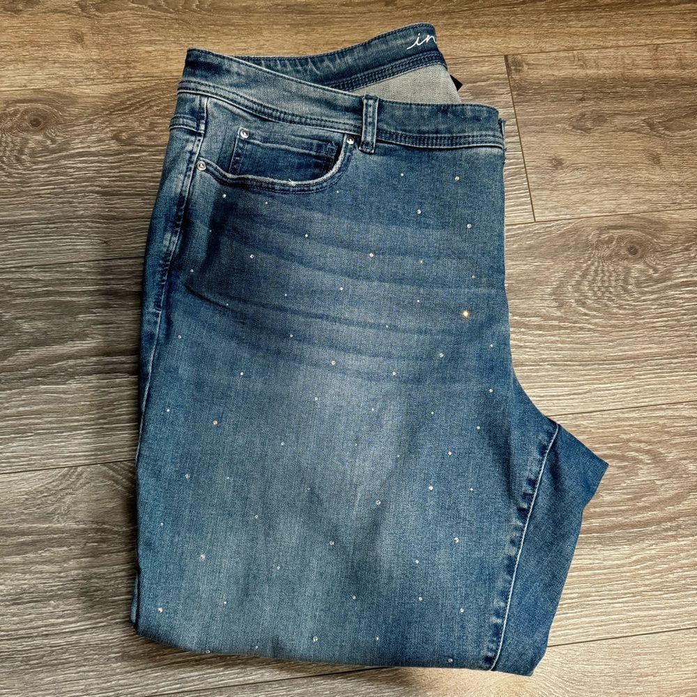 INC Blue Shine Bright Like a Diamond Straight Leg Tummy Control Woman Jeans 24W